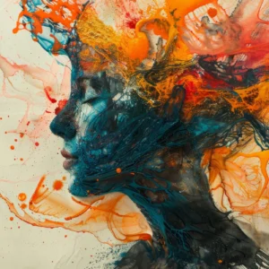 Explosion Artistique Abstraite aux Nuances Orange et Bleu Turquoise