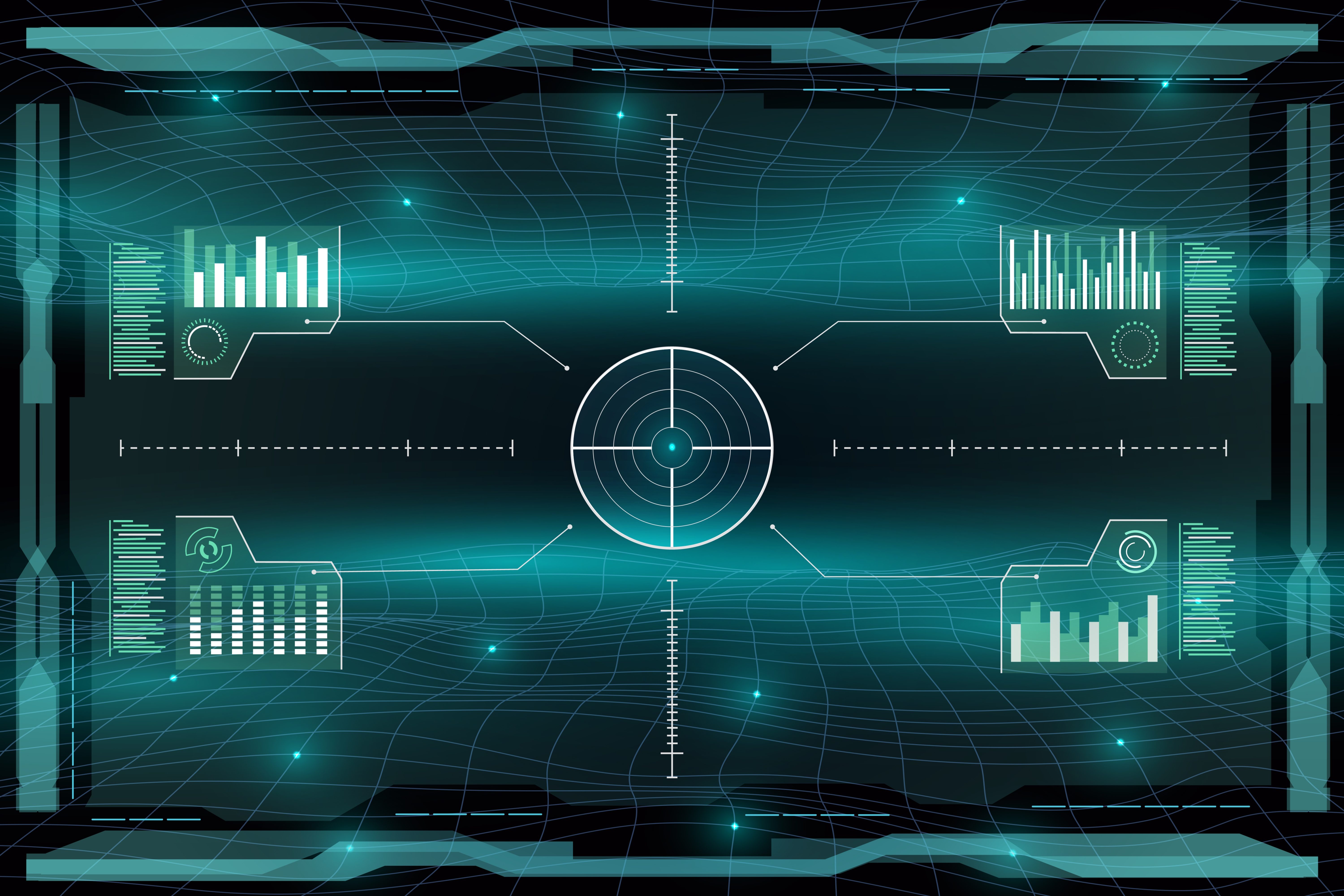 Interface Technologique Futuriste avec Grille de Données Cyan