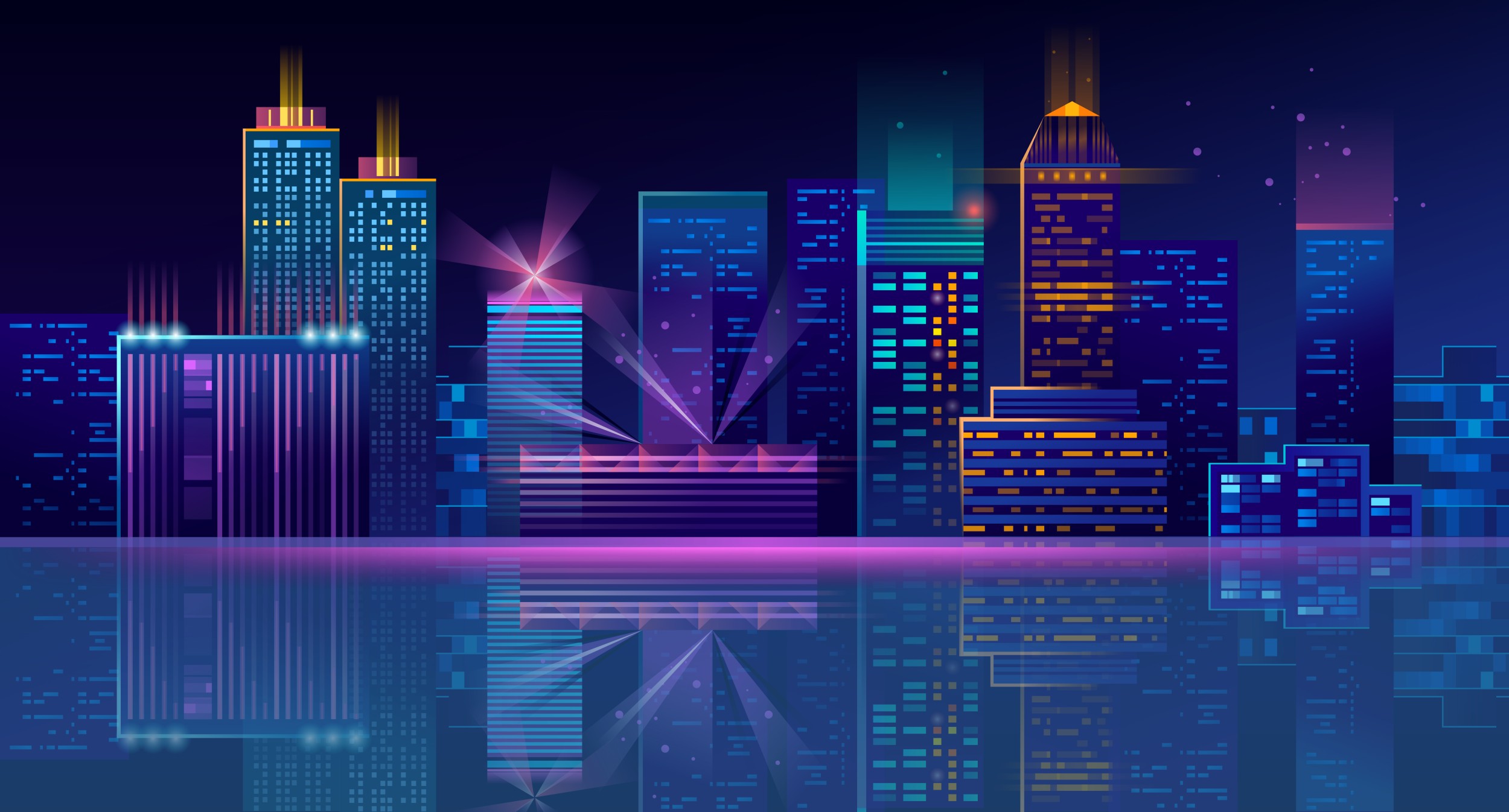 Papier Peint Cityscape Nocturne Futuriste aux Reflets Néon Vibrants
