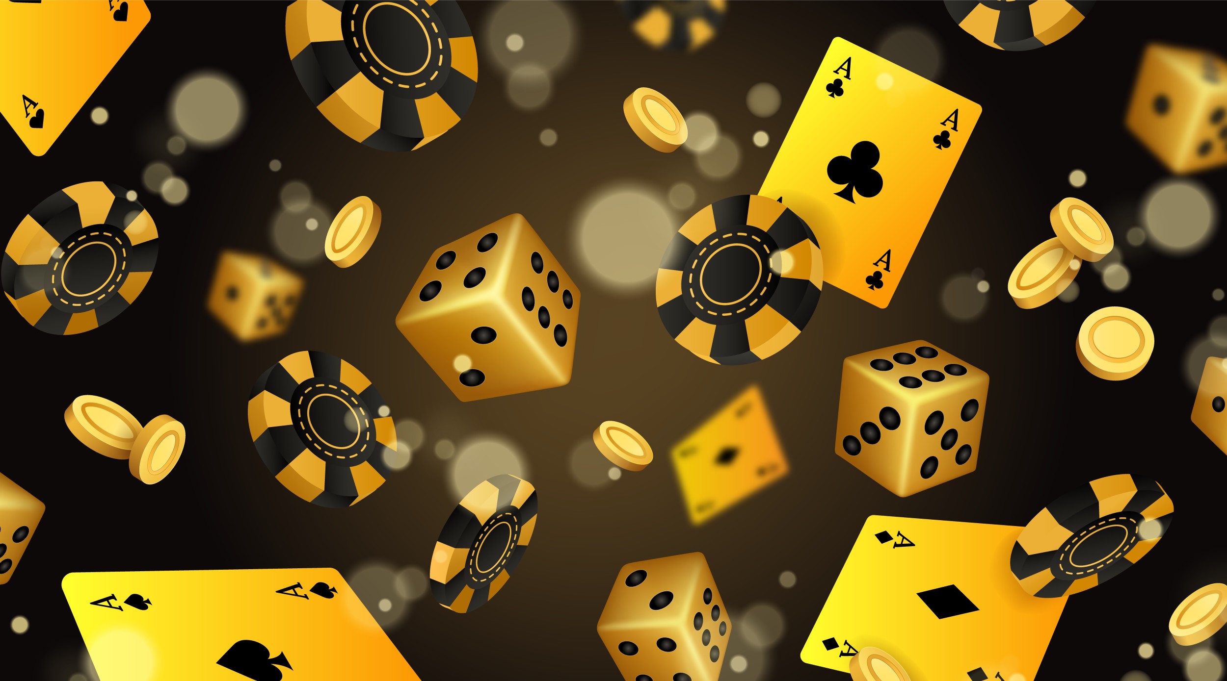 Papier peint casino doré avec cartes dés et jetons