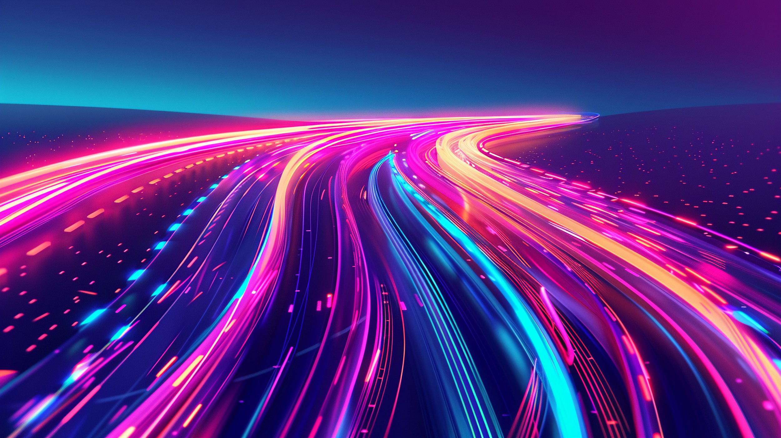 Papier Peint Autoroute Futuriste Néon Synthwave Style Cyberpunk