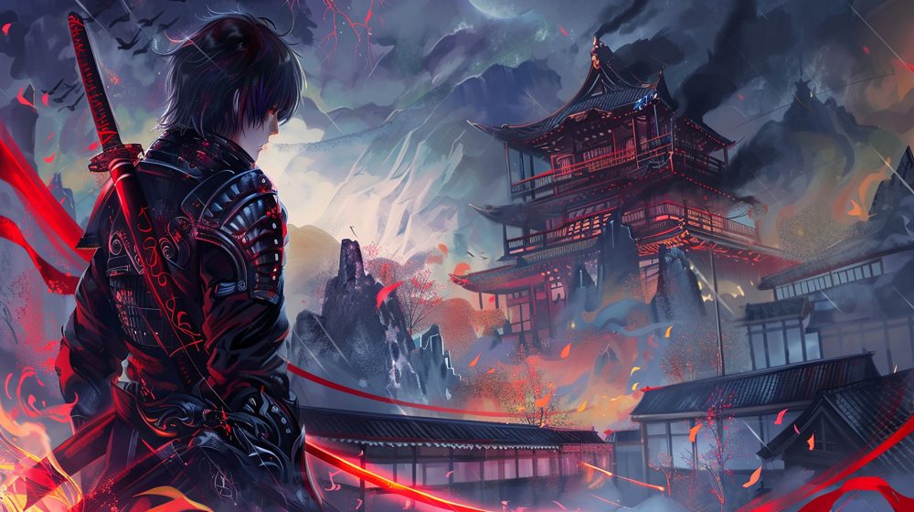 Guerrier Samouraï dans Temple Japonais Mystique aux Flammes Rouges