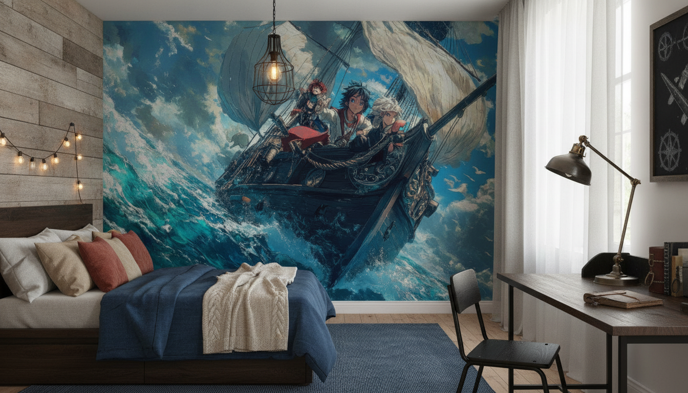 Aventure maritime épique sur voilier dans tempête océanique stylisée - Chambre ado