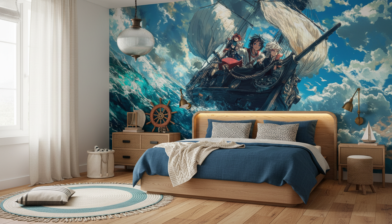 Aventure maritime épique sur voilier dans tempête océanique stylisée - Chambre enfant