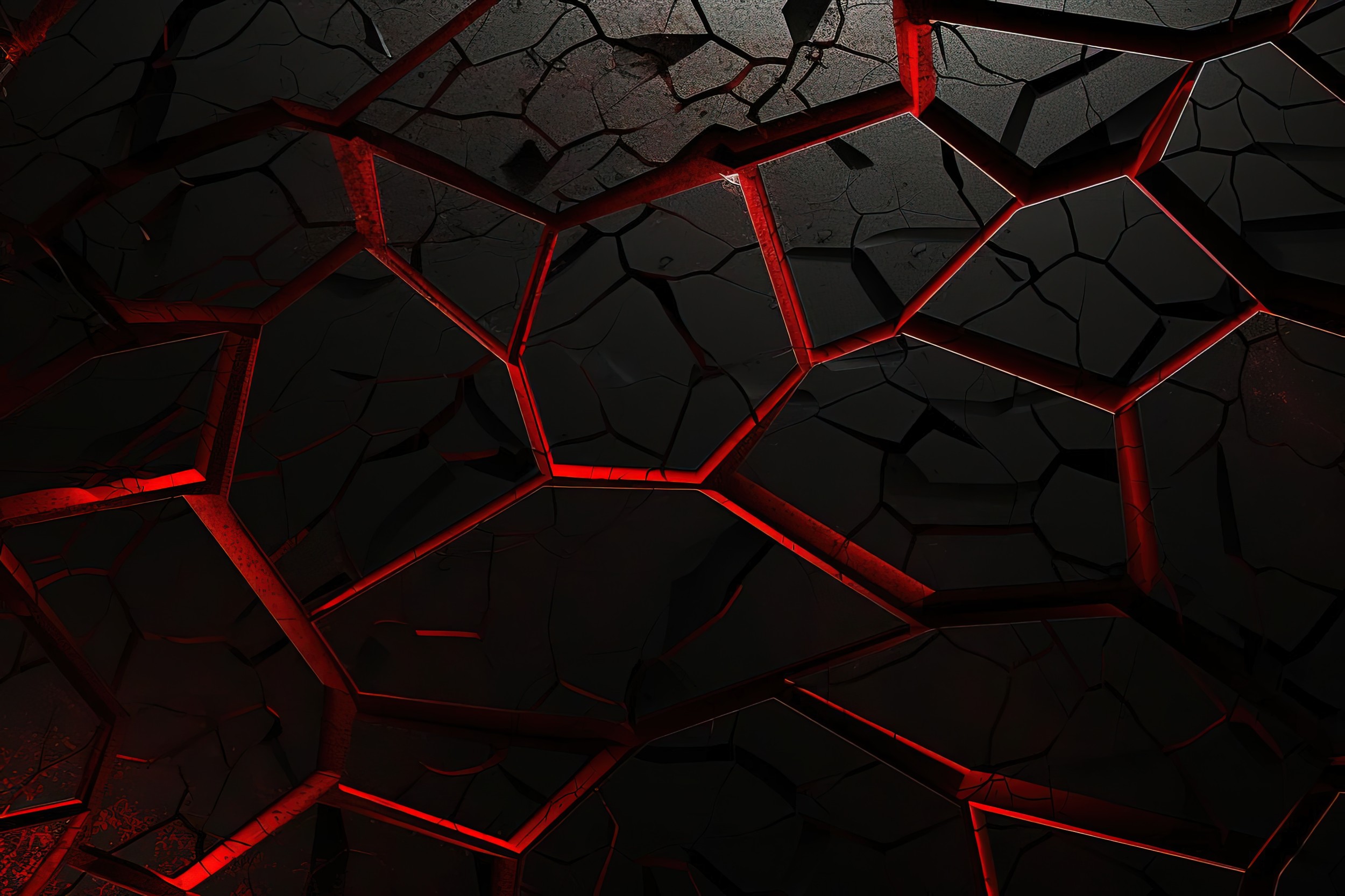 Papier Peint Géométrique Polygonal Rouge Lumineux sur Fond Noir Craquelé