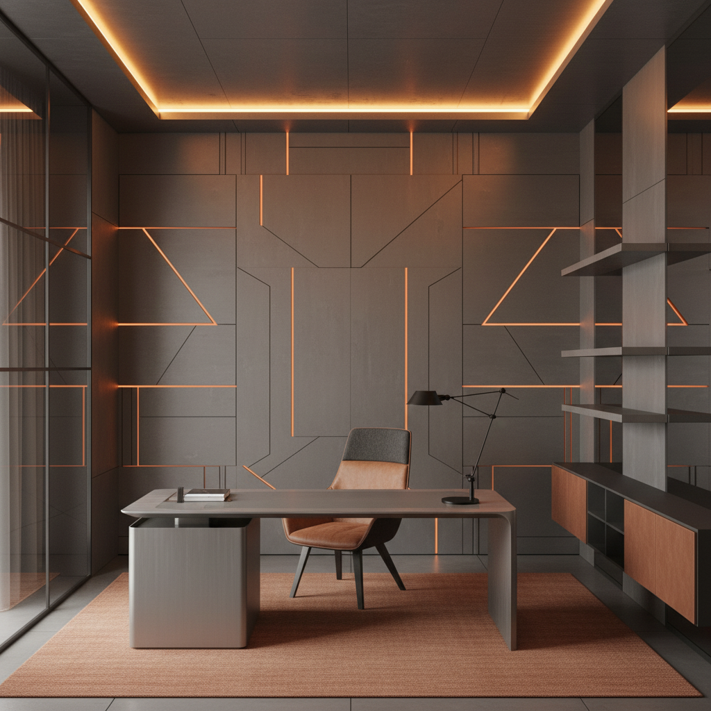 Chambre Futuriste avec Éclairage LED Orange et Architecture Moderne - Bureau
