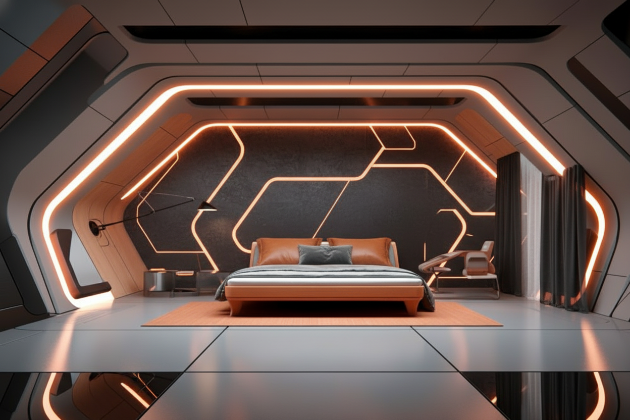 Chambre Futuriste avec Éclairage LED Orange et Architecture Moderne - Chambre adulte