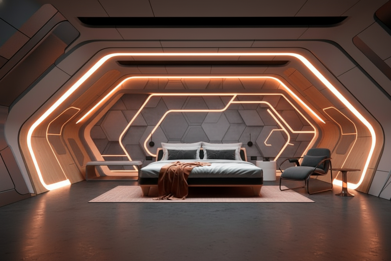 Chambre Futuriste avec Éclairage LED Orange et Architecture Moderne - Hôtel