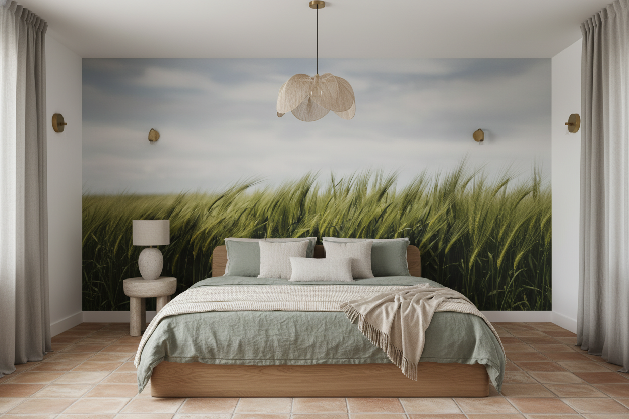 Champ de blé verdoyant sous ciel nuageux ambiance champêtre - Chambre adulte