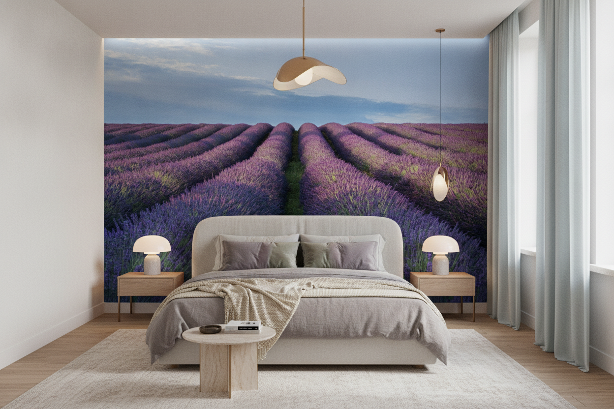 Champs de lavande en rangées sous ciel bleu nuageux - Chambre adulte