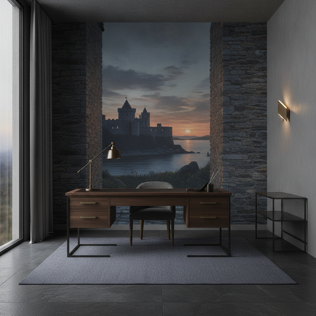 Château Médiéval au Coucher de Soleil sur Baie Maritime - Bureau