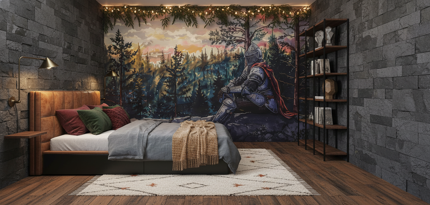 Chevalier Médiéval dans Forêt Enchantée au Coucher du Soleil - Chambre ado