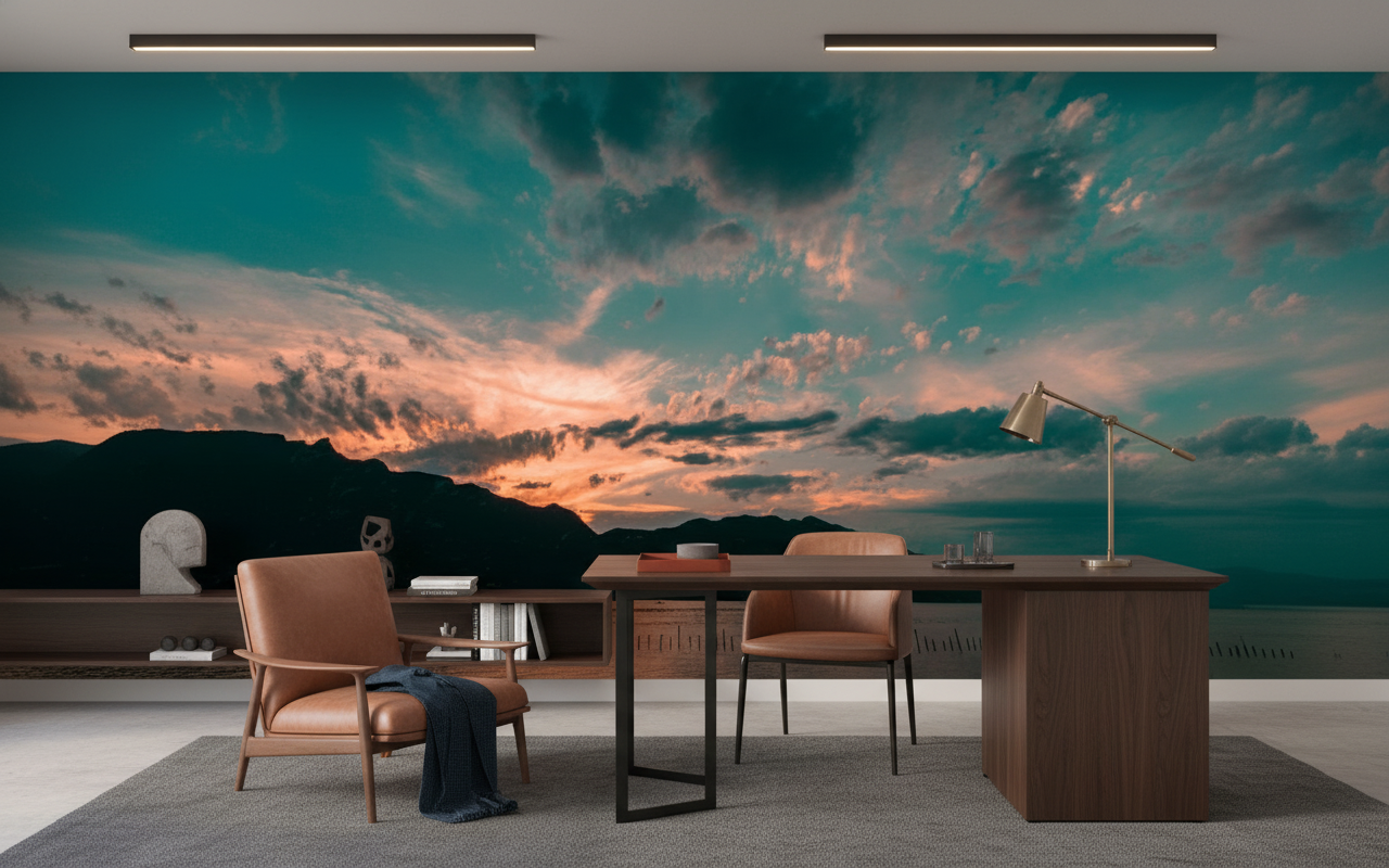 Coucher de Soleil Dramatique sur Montagnes et Lac Turquoise - Bureau