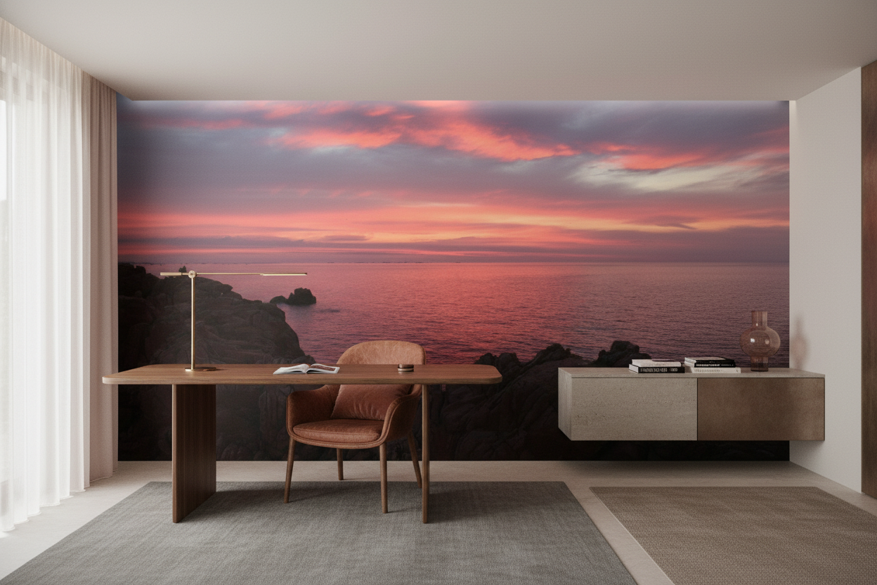 Coucher de soleil romantique sur côte rocheuse aux nuances roses - Bureau