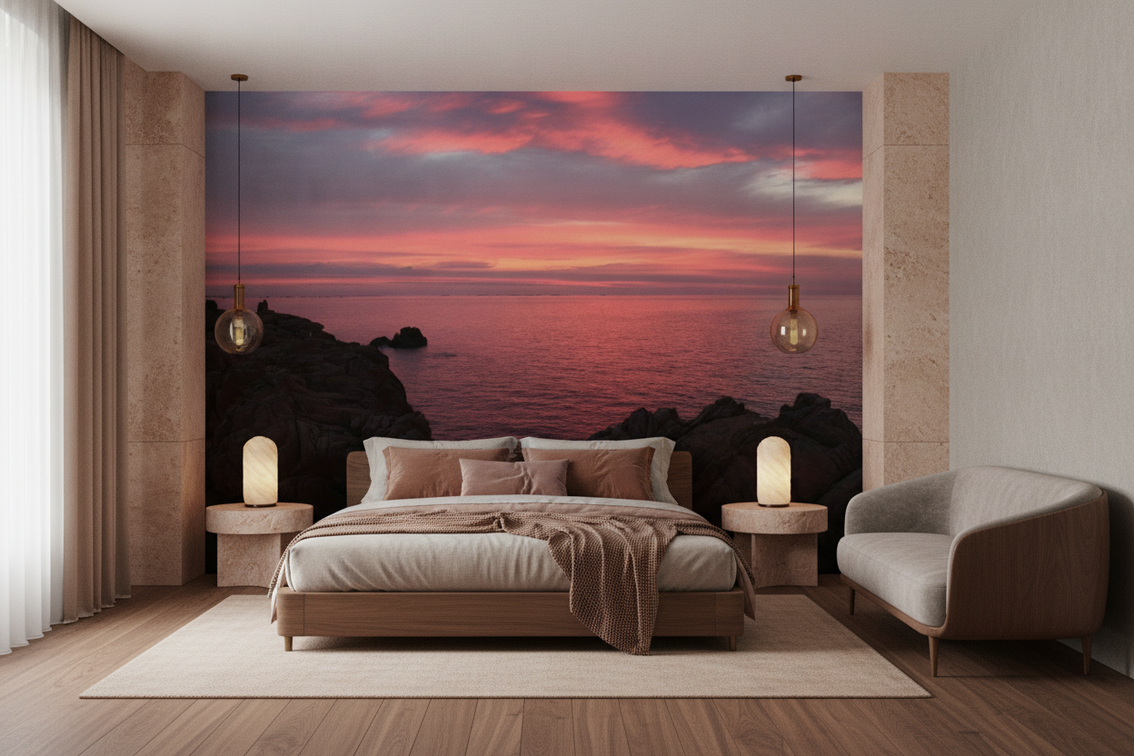 Coucher de soleil romantique sur côte rocheuse aux nuances roses - Chambre adulte