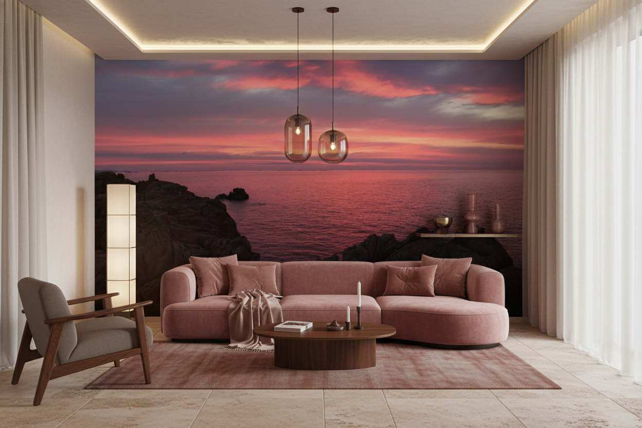 Coucher de soleil romantique sur côte rocheuse aux nuances roses - Salon / Séjour