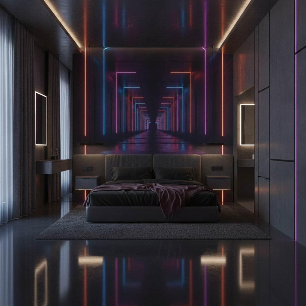 Couloir Futuriste Néon Lumineux Cyberpunk Tunnel Holographique Digital - Hôtel
