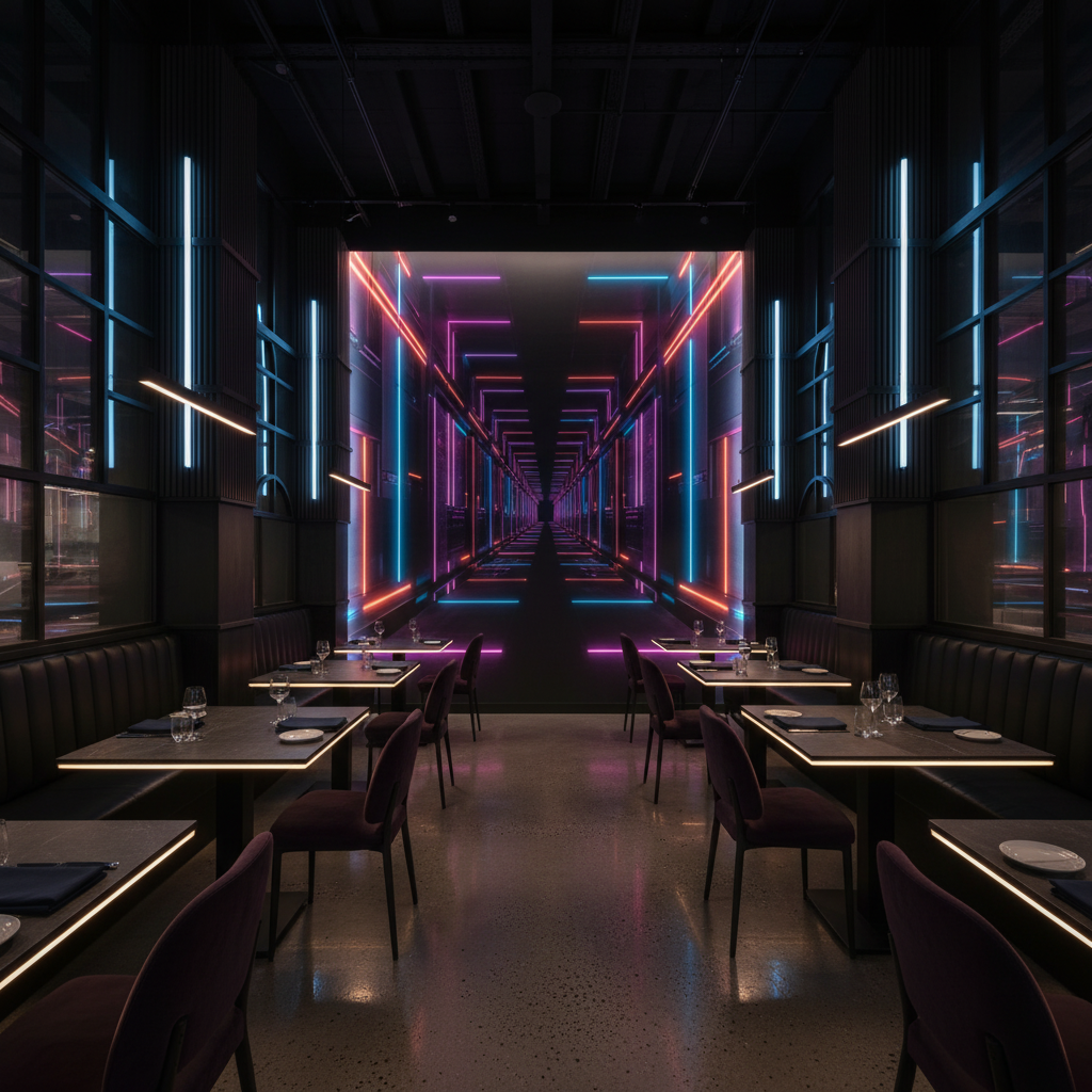 Couloir Futuriste Néon Lumineux Cyberpunk Tunnel Holographique Digital - Restaurant