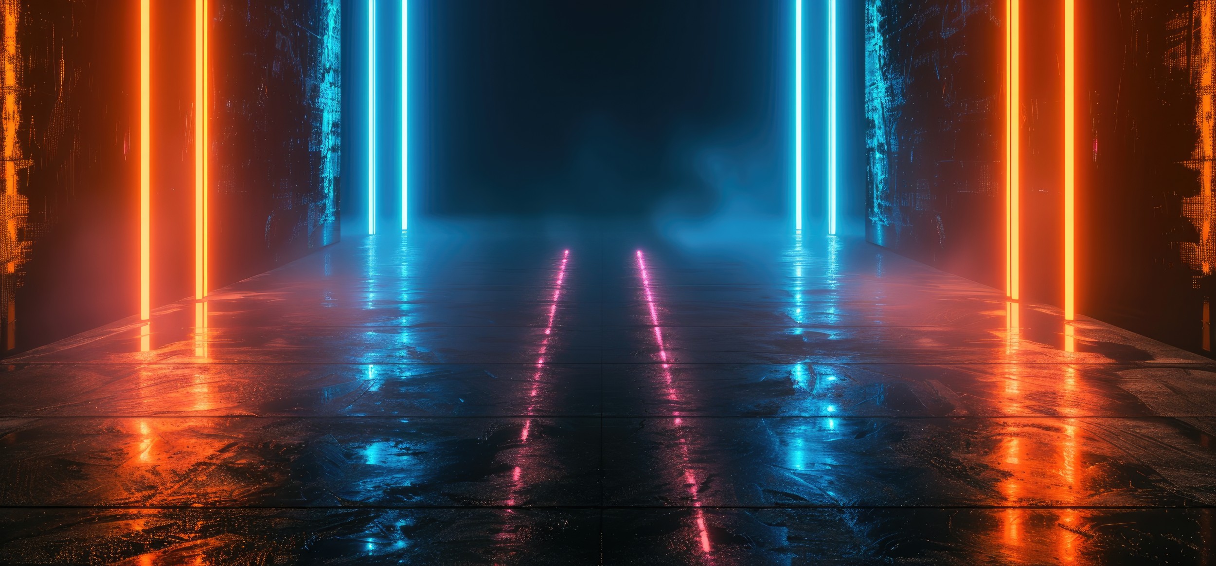 Tunnel Futuriste Néon Bleu Orange Ambiance Cyberpunk Moderne