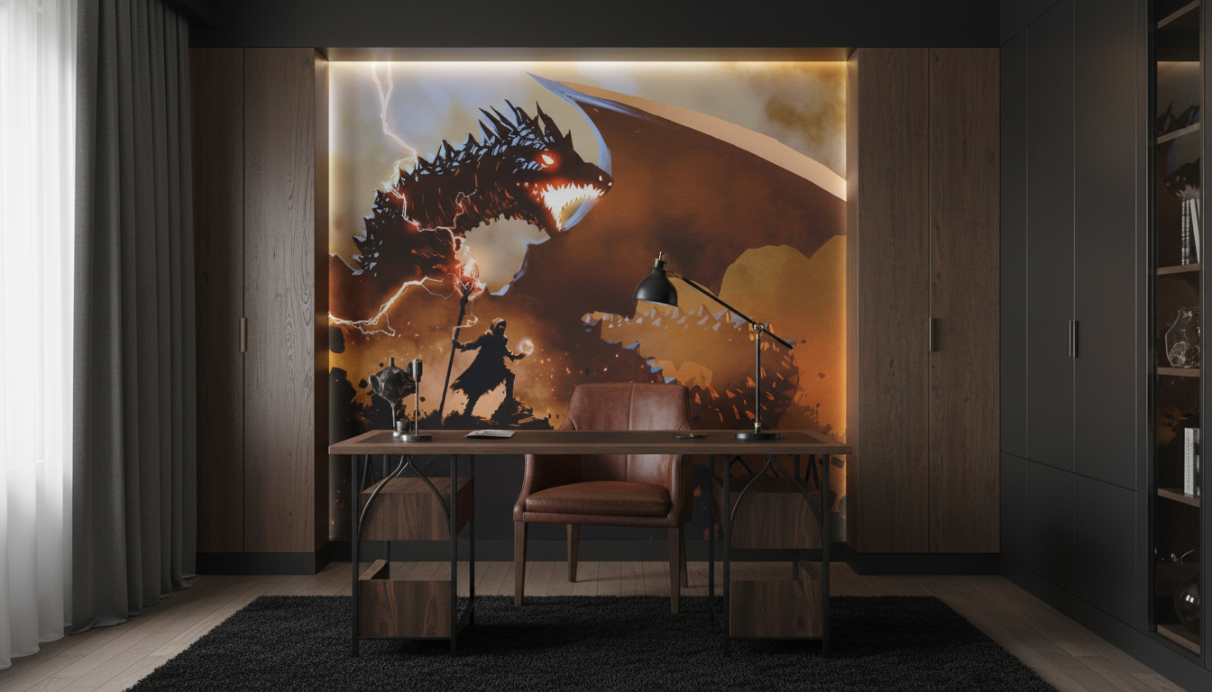 Dragon Épique et Mage dans Paysage Fantastique Apocalyptique - Bureau