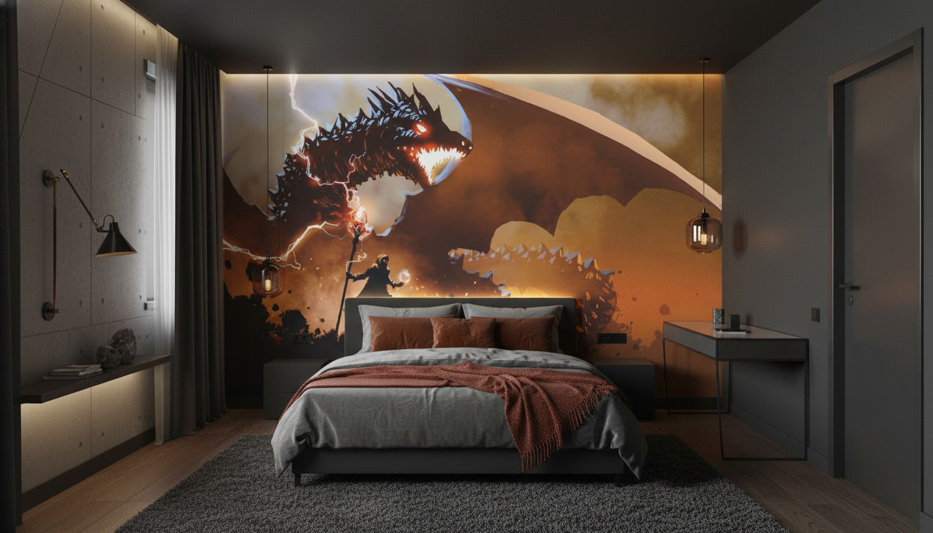 Dragon Épique et Mage dans Paysage Fantastique Apocalyptique - Chambre ado