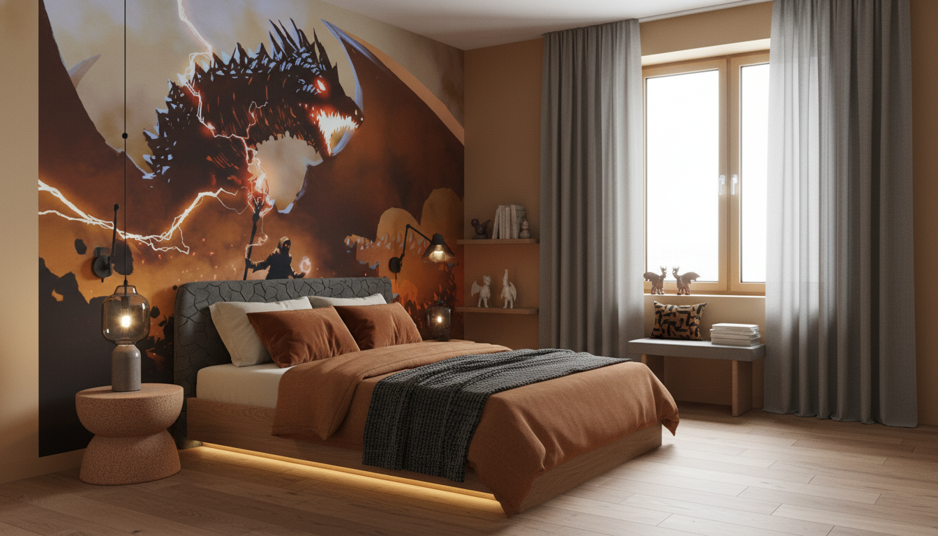Dragon Épique et Mage dans Paysage Fantastique Apocalyptique - Chambre enfant