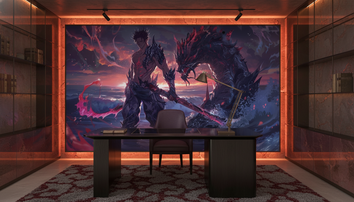 Dragon Mystique et Guerrier dans Paysage Aquatique Fantastique - Bureau