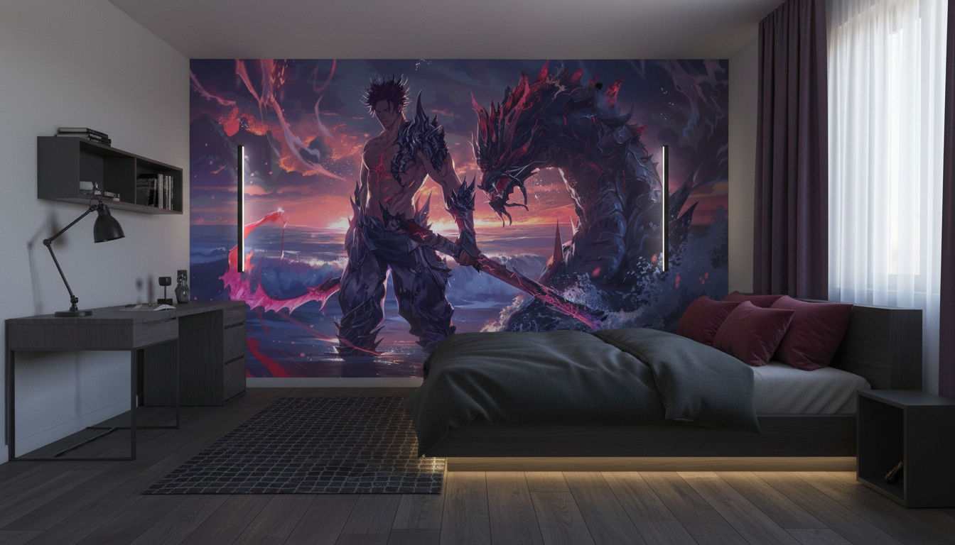 Dragon Mystique et Guerrier dans Paysage Aquatique Fantastique - Chambre ado
