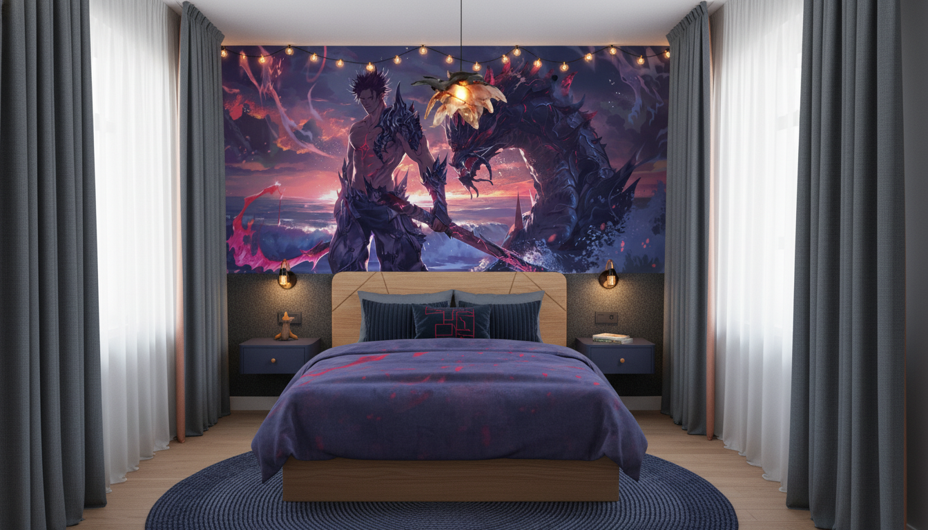 Dragon Mystique et Guerrier dans Paysage Aquatique Fantastique - Chambre enfant