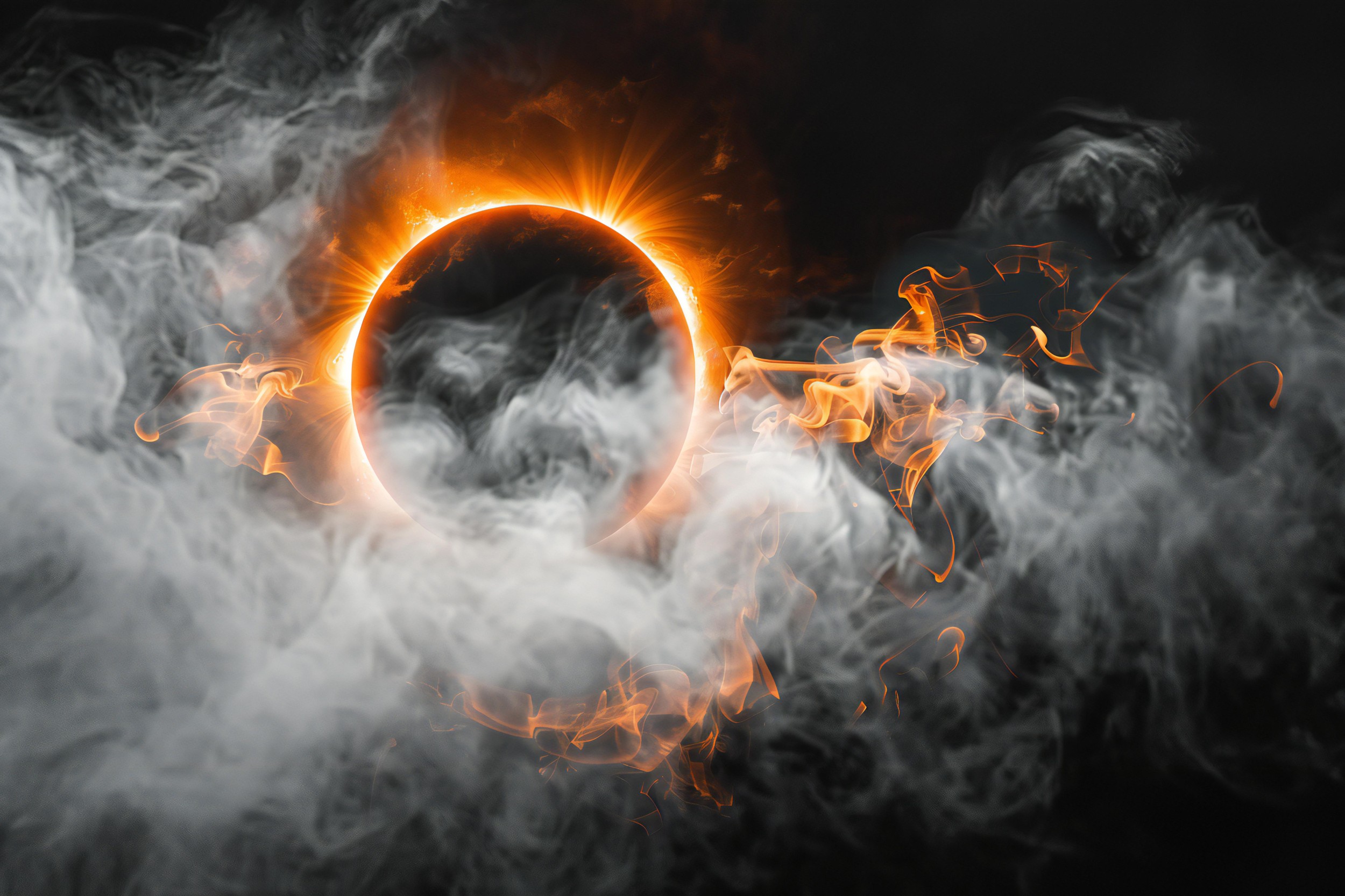 Papier Peint Eclipse Solaire Flammes Orange Fumée Mystique
