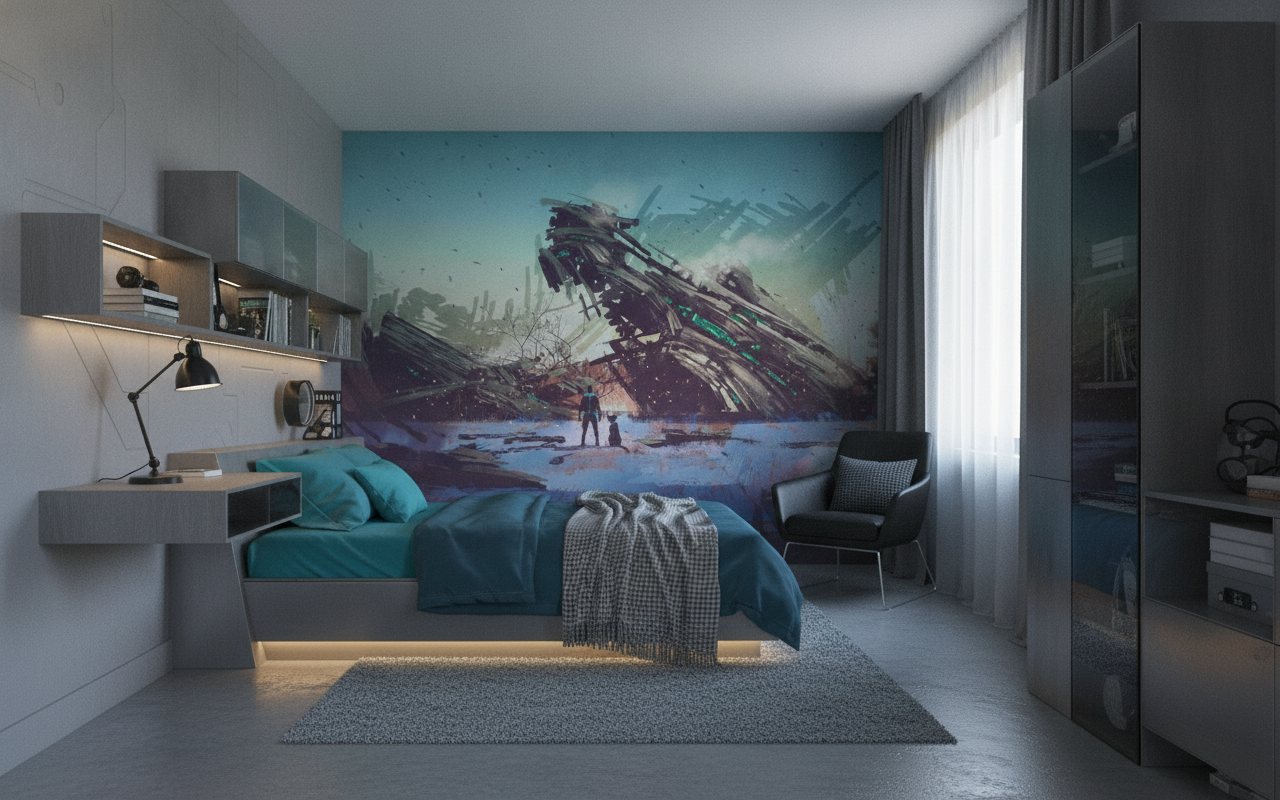 Épave Spatiale Futuriste dans Paysage Hivernal Sci-Fi - Chambre ado