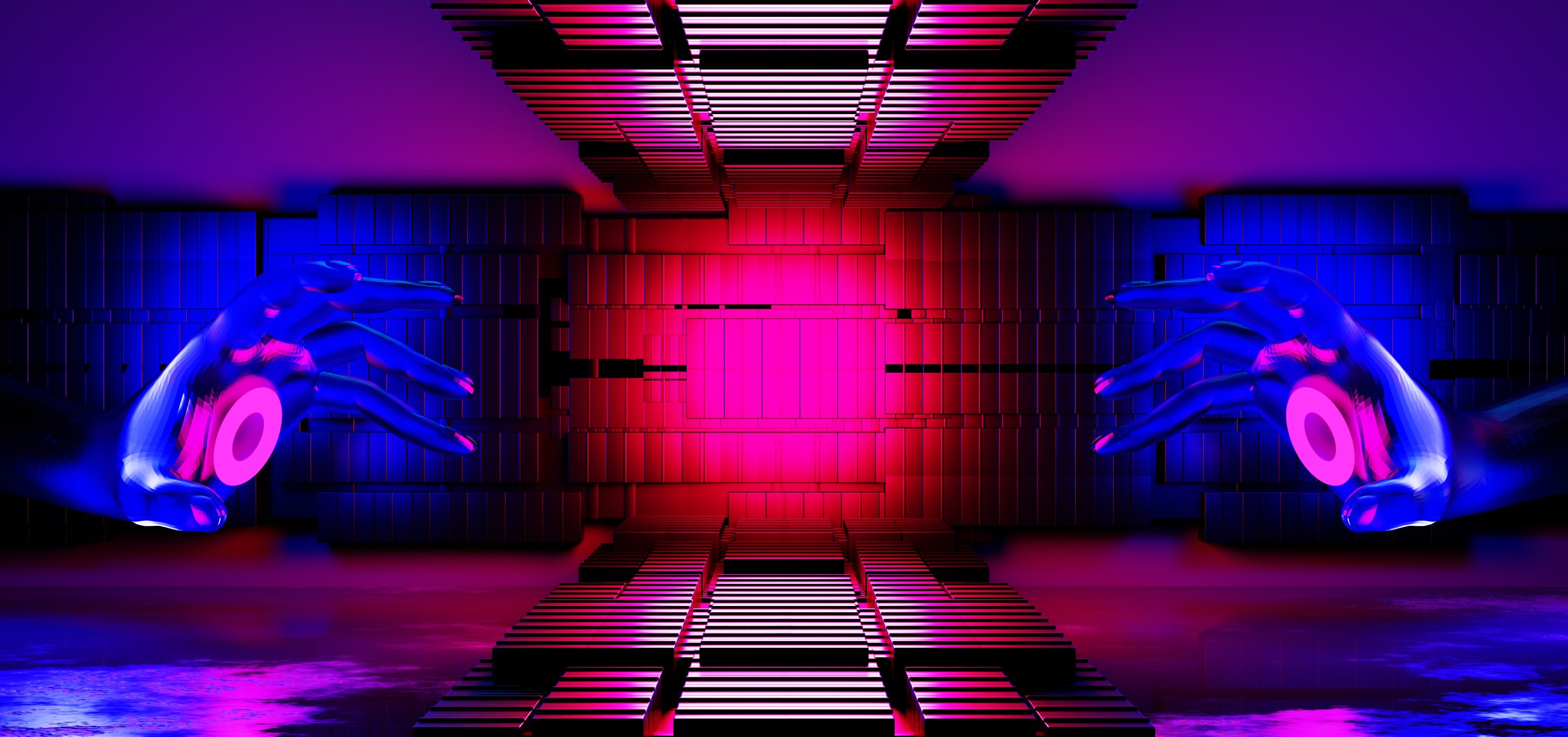 Papier peint futuriste néon cyberpunk mains holographiques effet 3D