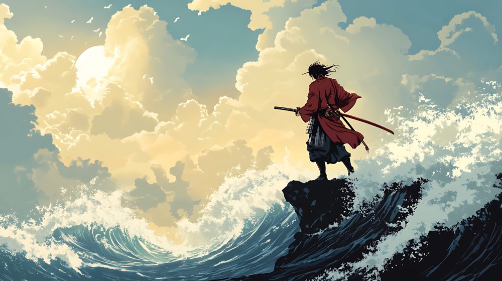 Samouraï Solitaire sur Vagues Tumultueuses au Coucher de Soleil