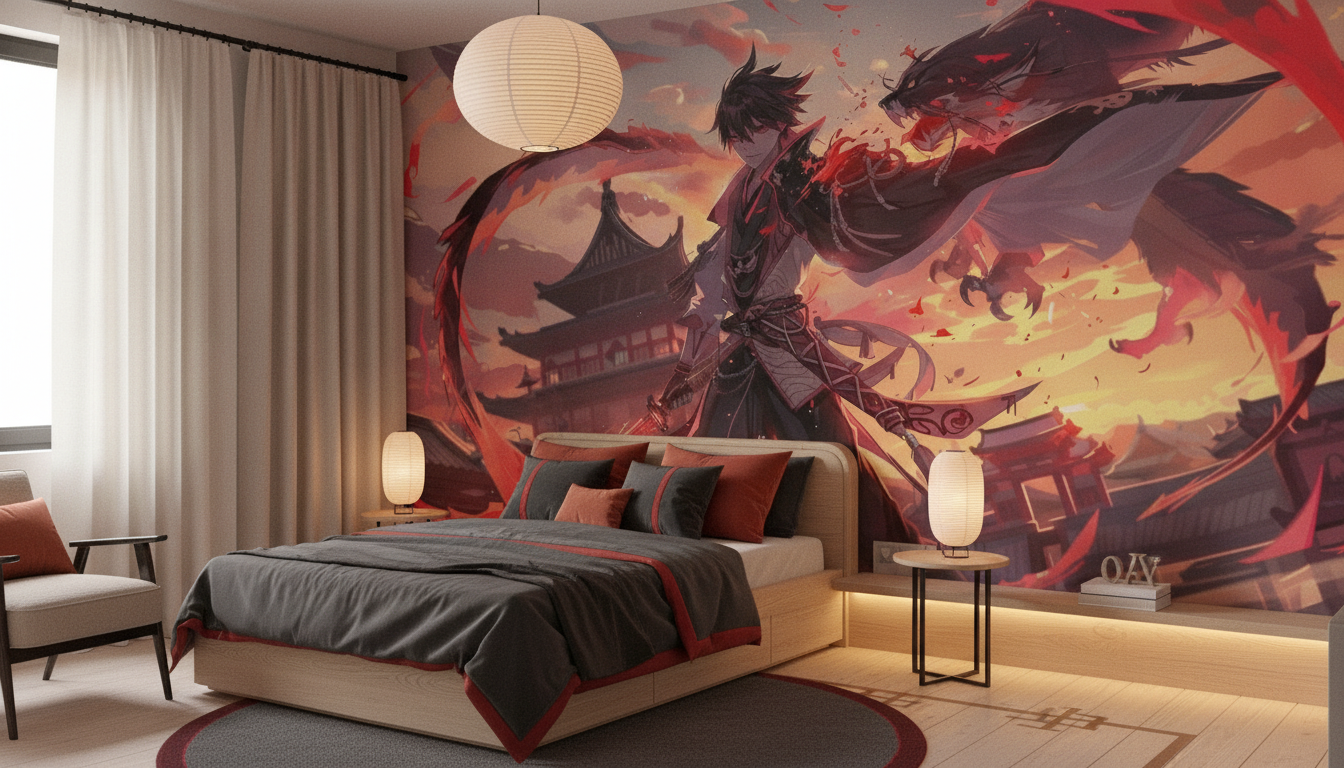 Guerrier Ailé aux Dragons dans un Coucher de Soleil Épique - Chambre enfant
