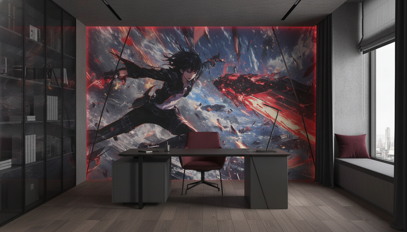 Guerrier Anime Combat Épique Explosion Rouge et Noir Dynamique - Bureau