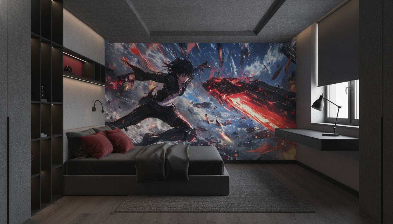 Guerrier Anime Combat Épique Explosion Rouge et Noir Dynamique - Chambre ado