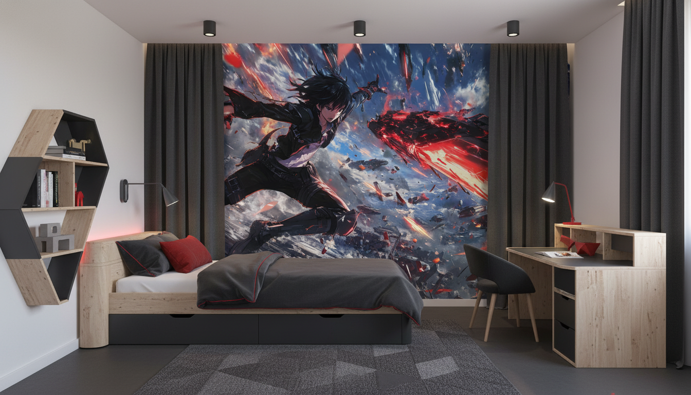Guerrier Anime Combat Épique Explosion Rouge et Noir Dynamique - Chambre enfant