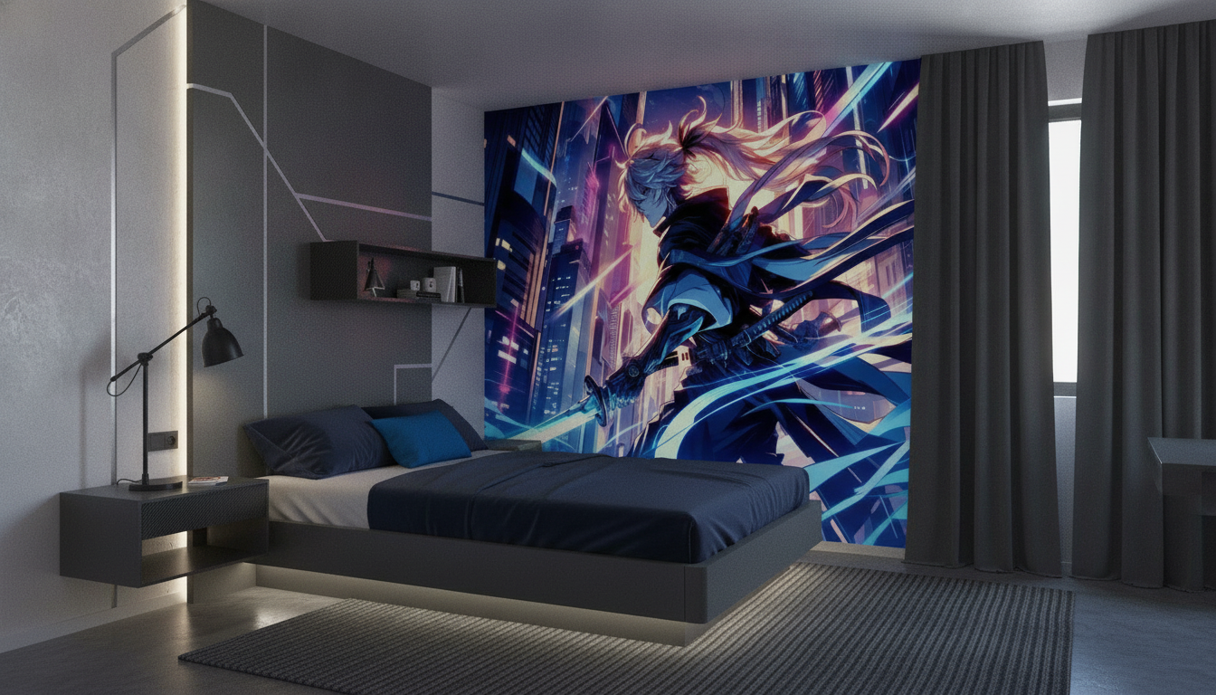 Guerrier Cyberpunk dans Métropole Futuriste aux Néons Éclatants - Chambre ado
