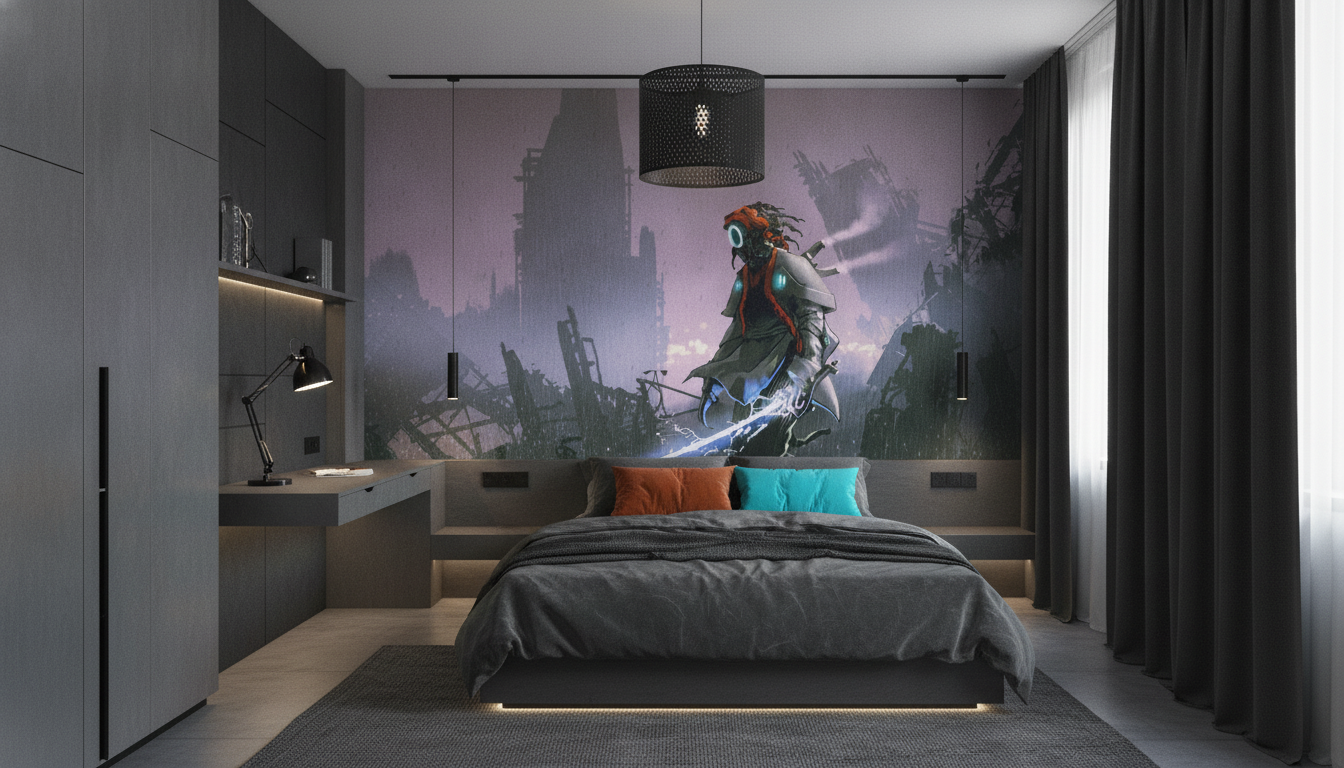 Guerrier Cyberpunk sous la Pluie dans Cité Dystopique Futuriste - Chambre ado