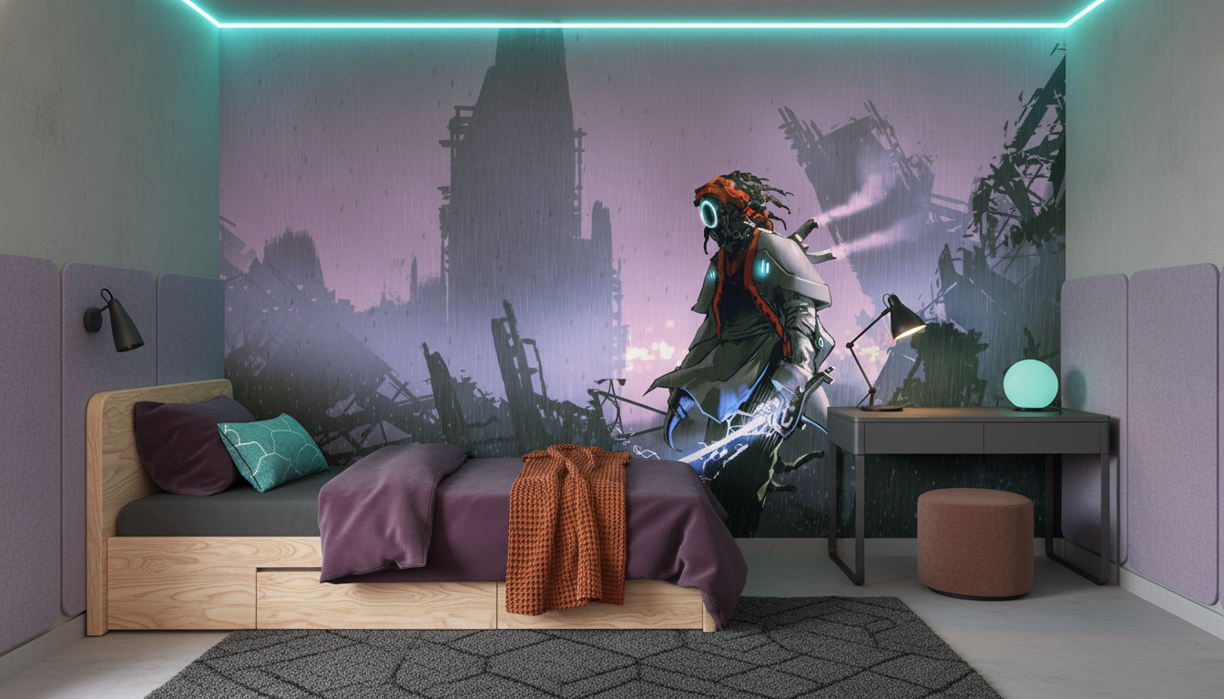 Guerrier Cyberpunk sous la Pluie dans Cité Dystopique Futuriste - Chambre enfant