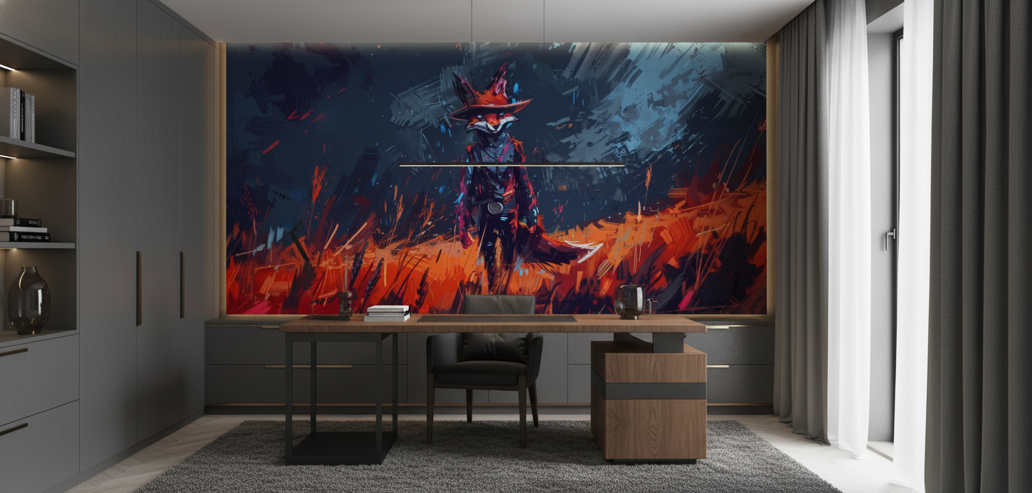 Guerrier Mystique aux Flammes Rouges Style Cyberpunk Futuriste - Bureau