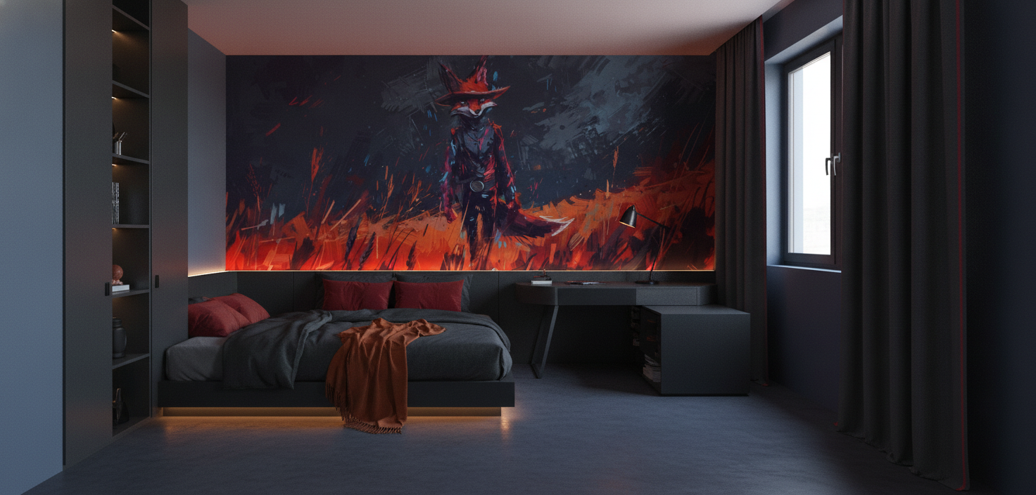 Guerrier Mystique aux Flammes Rouges Style Cyberpunk Futuriste - Chambre ado