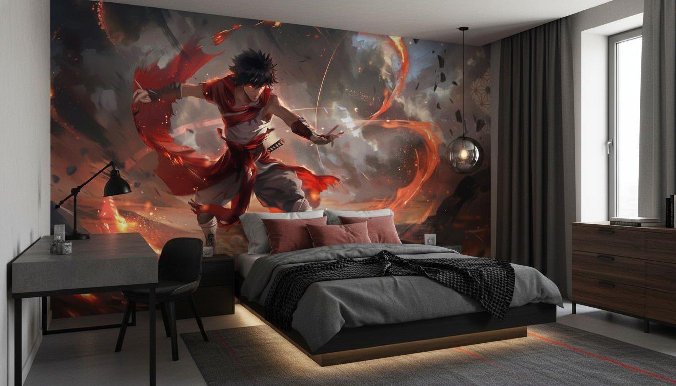 Guerrier Ninja dans Tourbillon de Flammes Épiques Combat Dynamique - Chambre ado