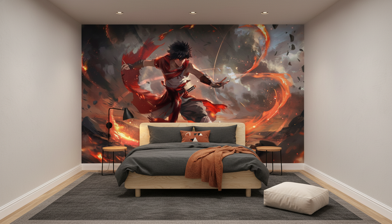 Guerrier Ninja dans Tourbillon de Flammes Épiques Combat Dynamique - Chambre enfant