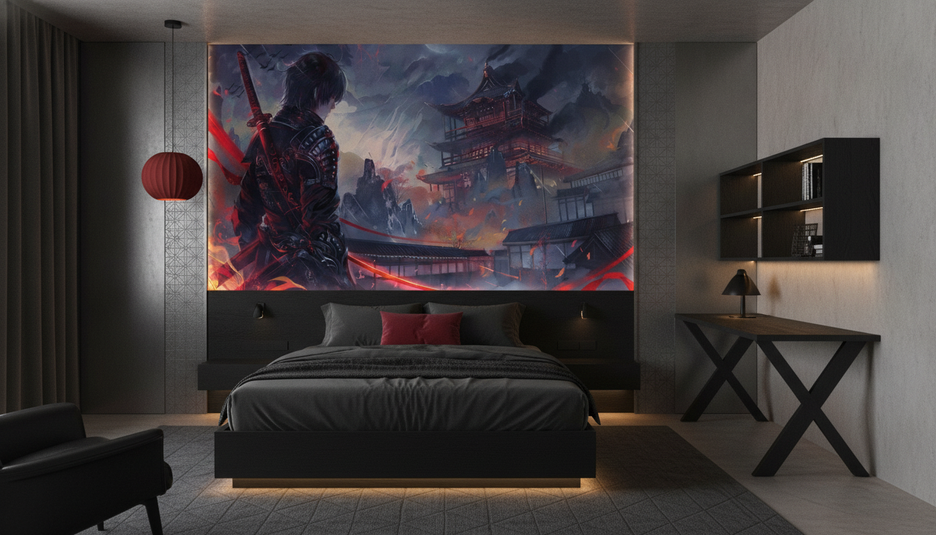 Guerrier Samouraï dans Temple Japonais Mystique aux Flammes Rouges - Chambre ado