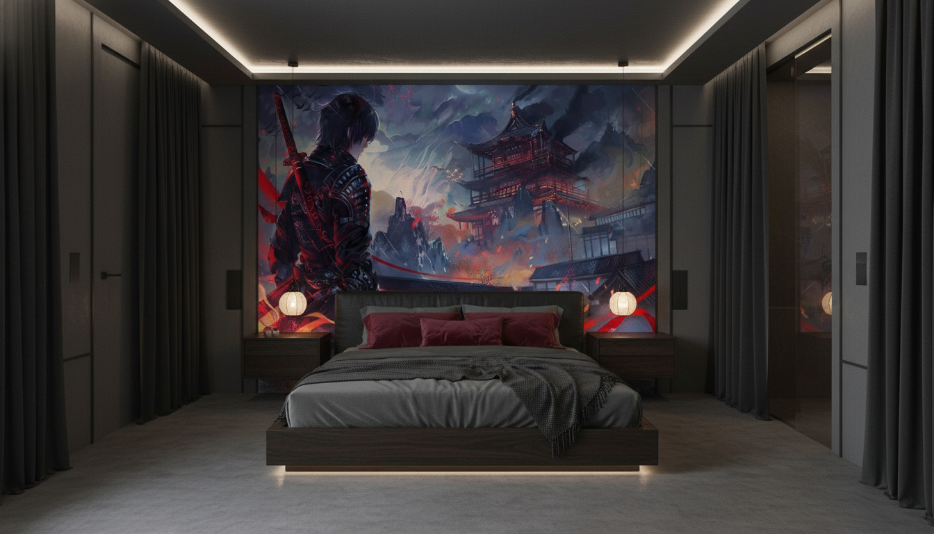 Guerrier Samouraï dans Temple Japonais Mystique aux Flammes Rouges - Chambre adulte