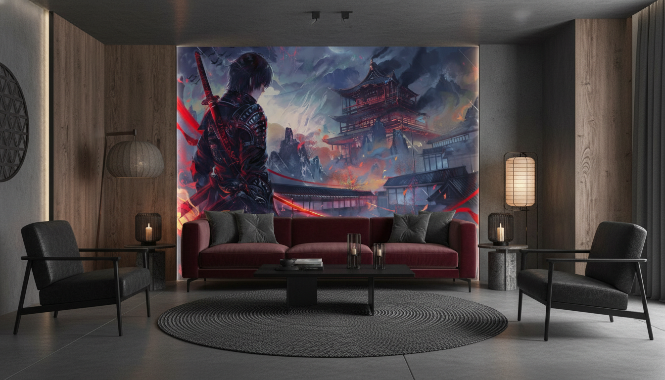 Guerrier Samouraï dans Temple Japonais Mystique aux Flammes Rouges - Salon / Séjour