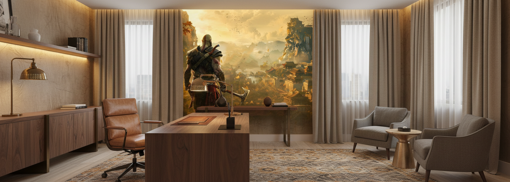 Guerrier Viking Contemplant Paysage Montagneux et Architecture Antique Dorée - Bureau