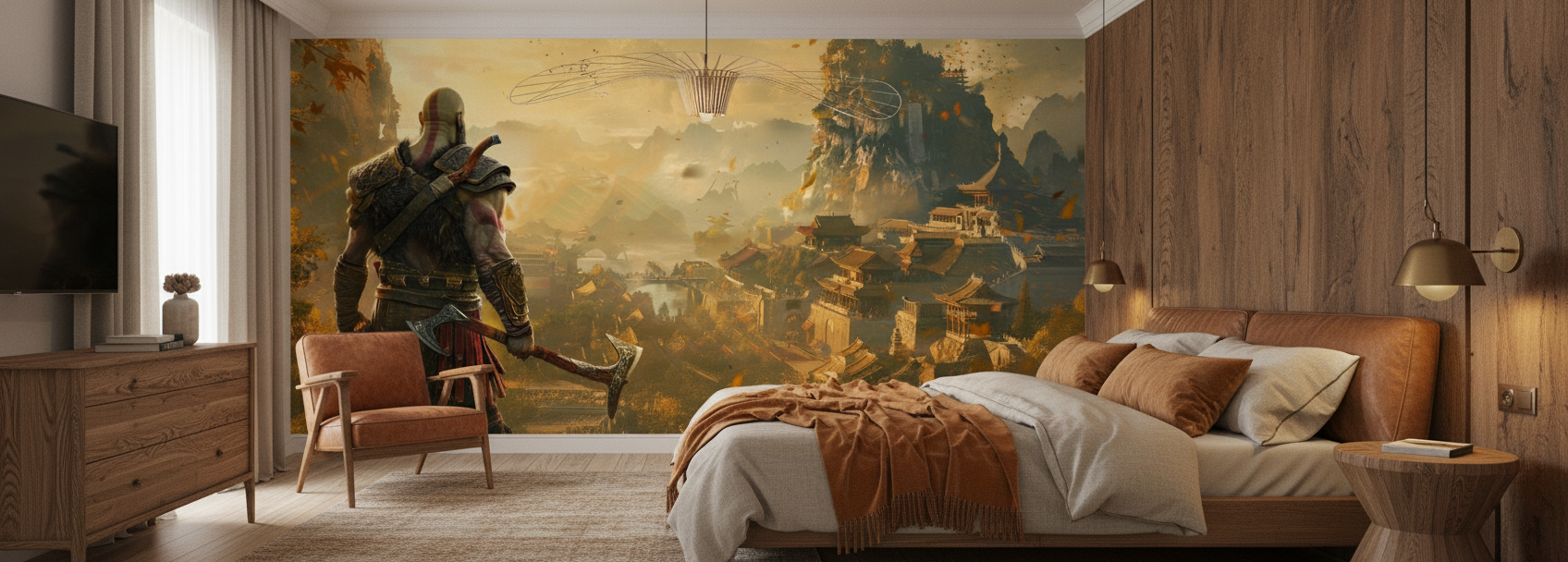 Guerrier Viking Contemplant Paysage Montagneux et Architecture Antique Dorée - Chambre adulte