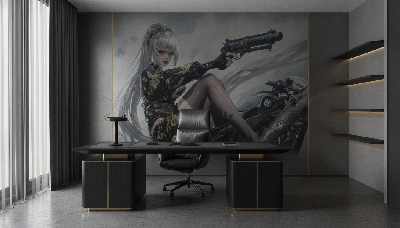 Guerrière Cyberpunk aux Cheveux Argentés sur Moto Futuriste - Bureau